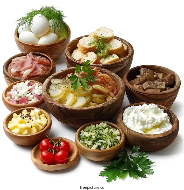 Various wooden bowls filled with food
