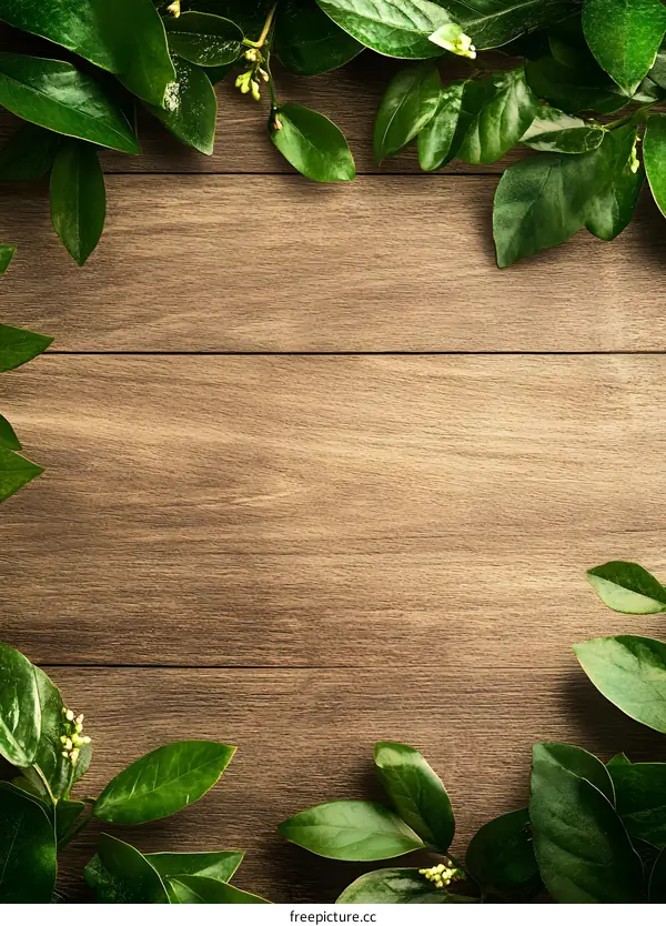 Green Leaves Border On Wood Background