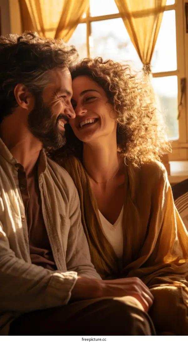 Happy couple sitting on a couch and smiling at each other