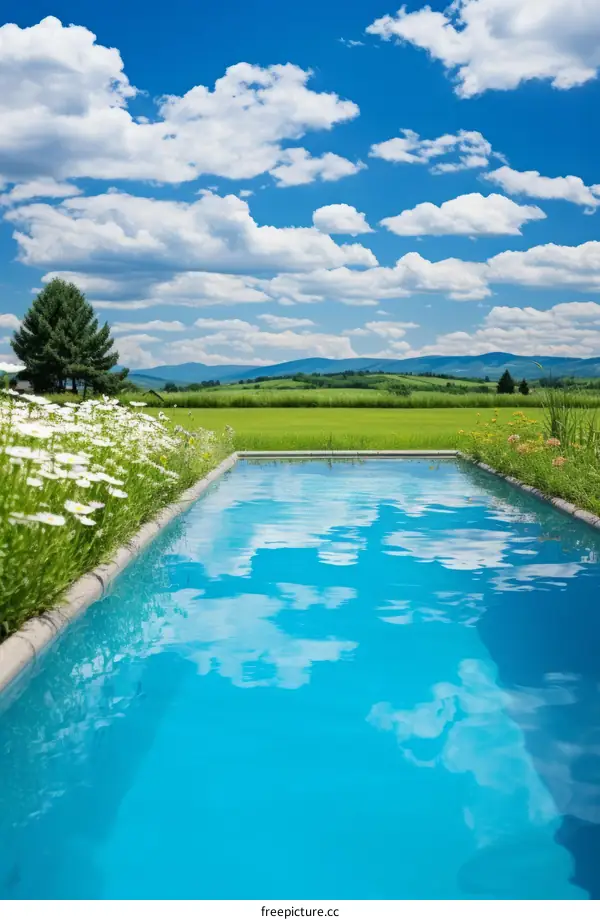 Modern minimalist outdoor swimming pool with beautiful mountain and meadow views