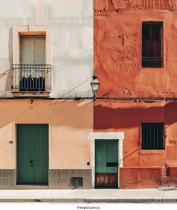 Old Building Doors with Colorful Walls and a Street Light