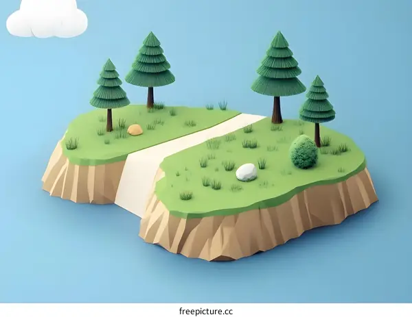 Low Poly 3D Illustration of a Small Island with Trees and a Path