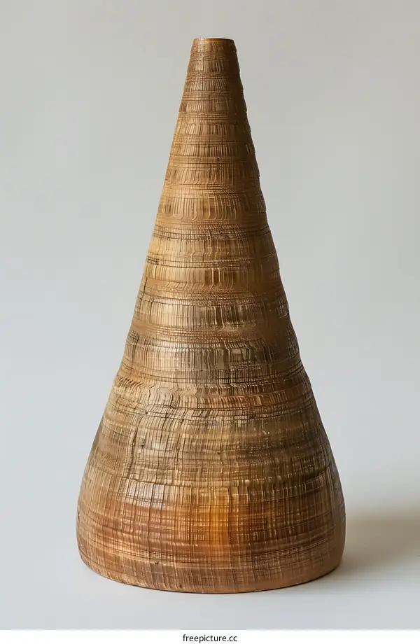 A wooden sculpture in the shape of a cone
