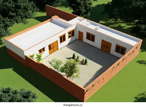 Aerial View of a Traditional House with a Courtyard