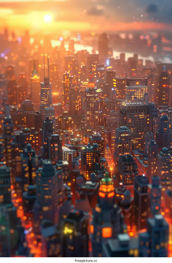 A Colorful Skyline of Illuminated City Buildings at Sunset