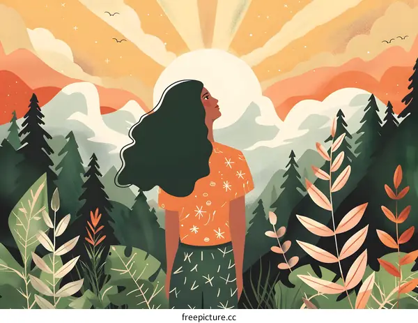Woman Looking Up At The Sun With Mountains And Forest In The Background