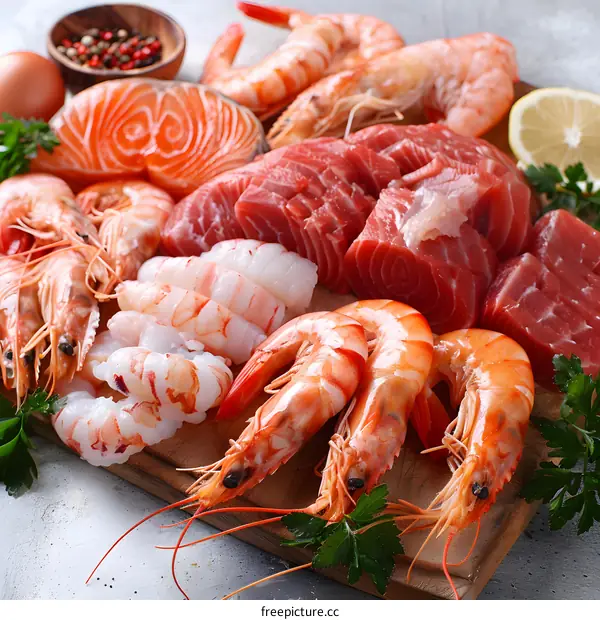 Raw seafood platter with fish, shrimps and tuna