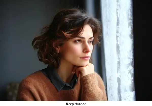Woman Looking Out Window in Thoughtful Pose