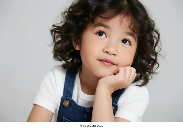 A Little Girl with Curly Hair Leaning on Her Hand