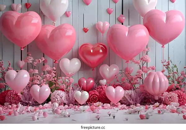 Pink Heart Balloons and Flowers Backdrop for Valentines Day
