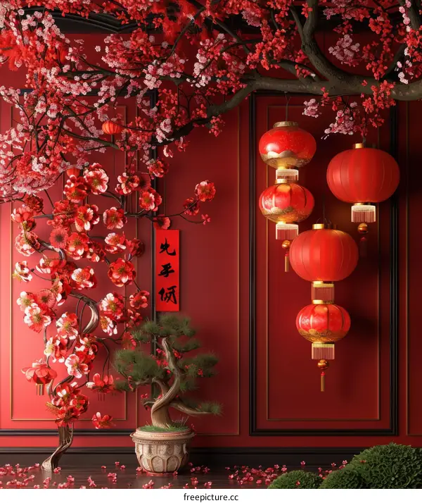 Chinese New Year background with red lanterns and pink flowers