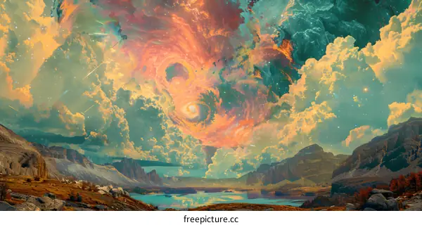 Abstract Fantasy Landscape with Swirling Nebula