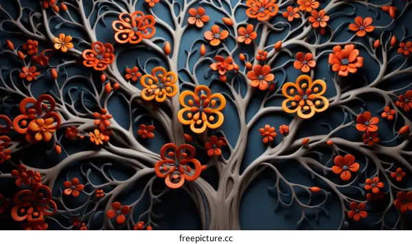 An illustration of an orange flower tree with a dark blue background