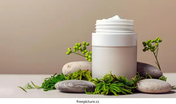Natural Skincare Cream Jar With Stones And Moss