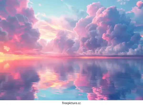 Beautiful Sunset with Pink and Blue Clouds Reflected in Calm Water