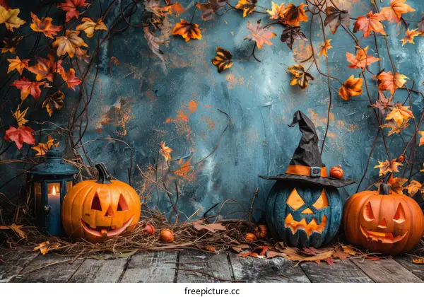 Spooky Halloween Pumpkins with Witch Hat