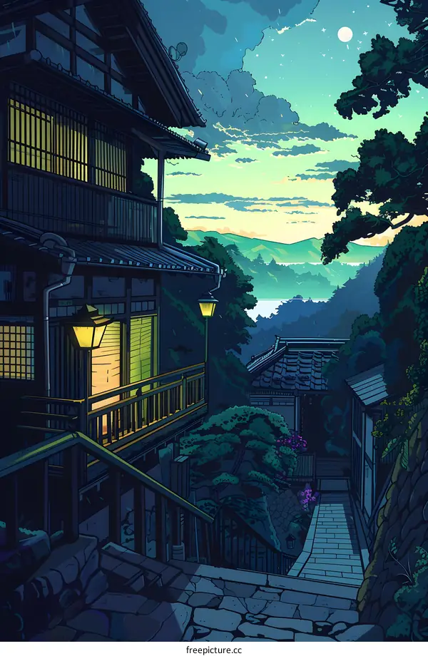Japanese Style House in the Mountains Illustration