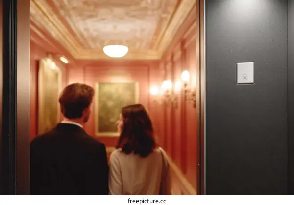 Two people standing in a corridor looking at a painting