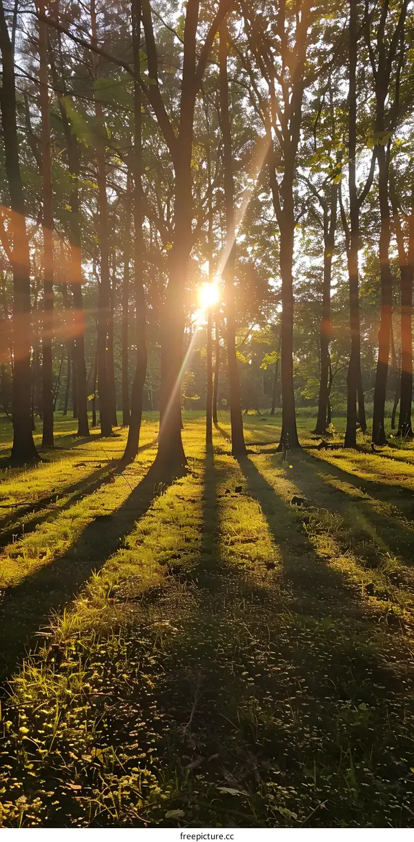 Sunlight shining through the tall trees in the forest
