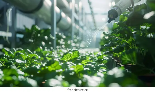 Automated greenhouse with robotic arm spraying water on the plants