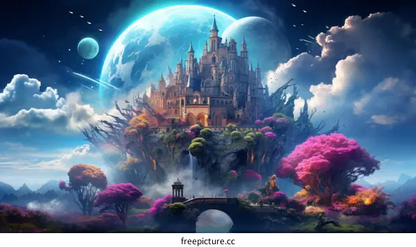Fantasy castle on a floating island with a beautiful landscape