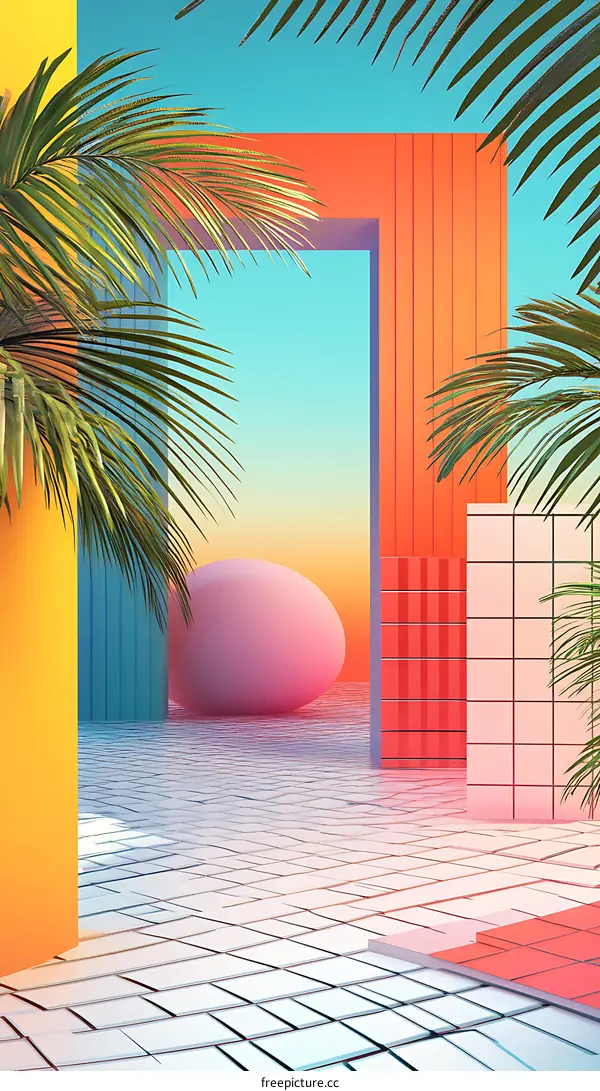 Abstract 3D Rendered Scene with Palm Tree and Geometric Shapes