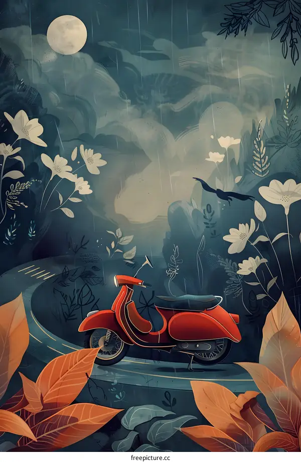Red Scooter in the Moonlight Forest