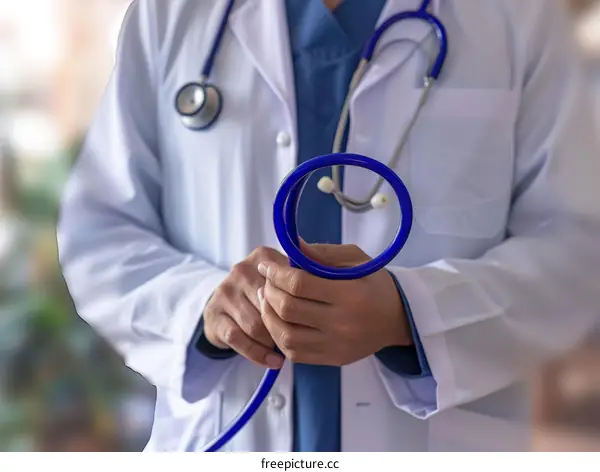 A doctor in a white coat is holding a stethoscope.