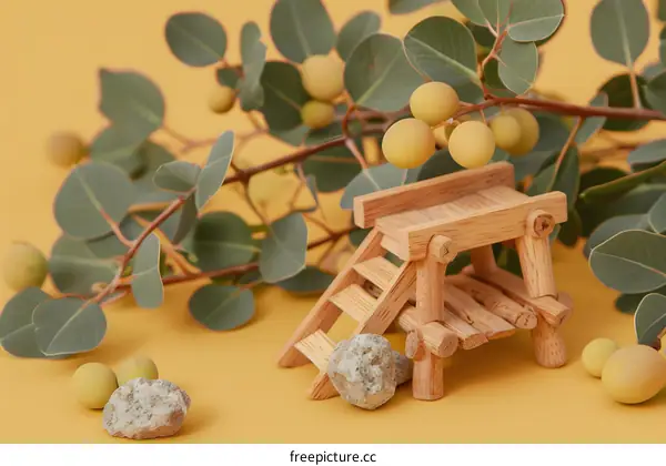 Wooden Platform with Eucalyptus Branch and Yellow Berries on a Yellow Background