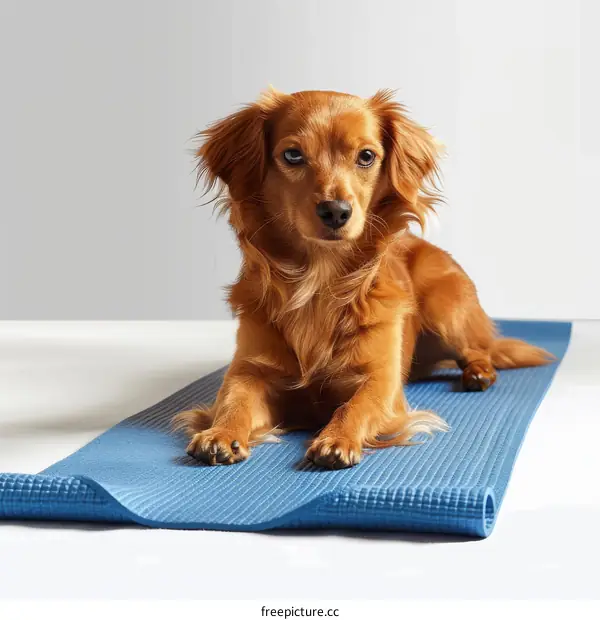 A brown long-haired dachshund dog lying on a blue yoga mat