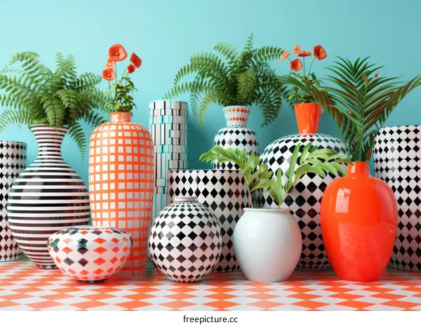 Colorful Decorative Vases and Plants Display