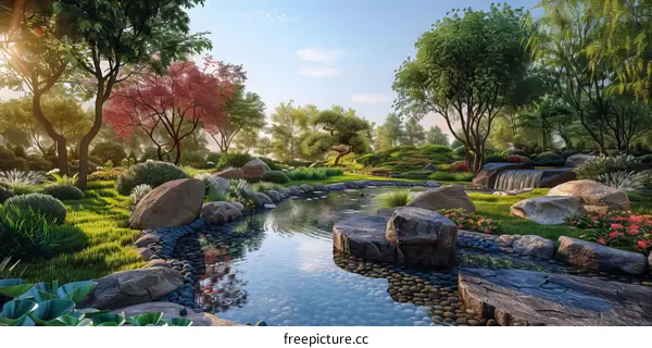 Japanese Garden with Pond and Bridge