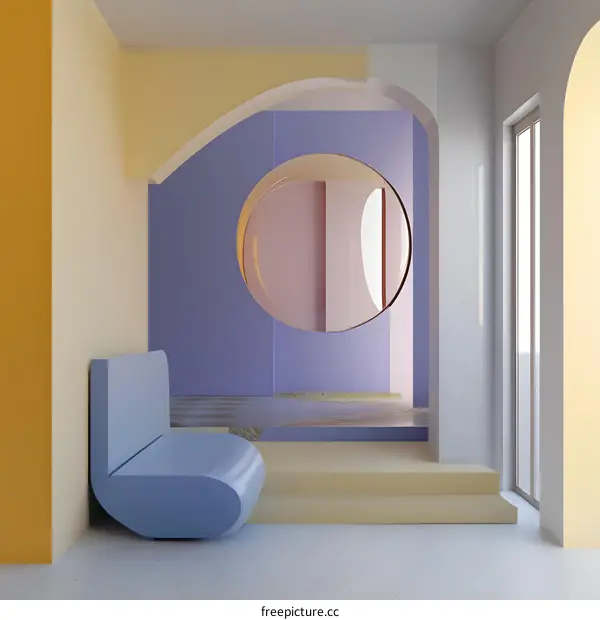 Abstract Interior Design with Blue Chair and Round Mirror