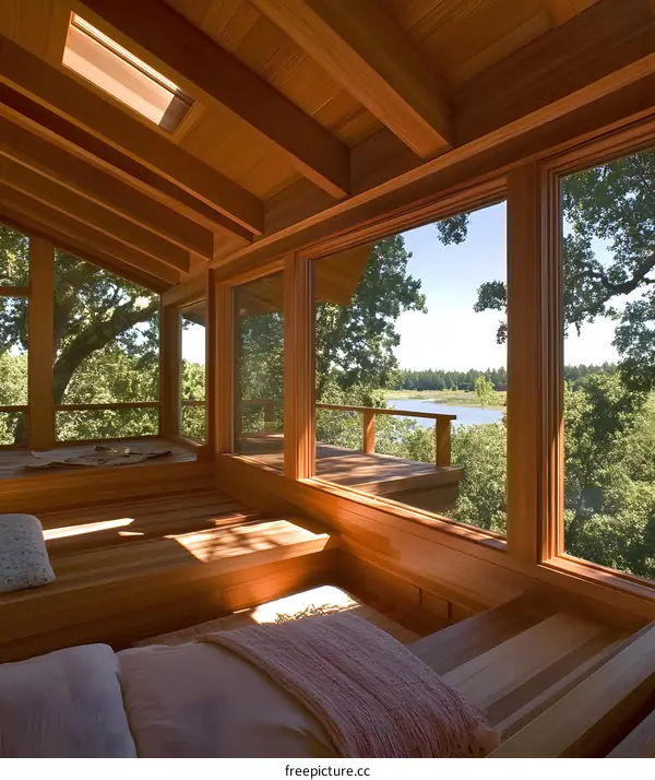 Wooden Bedroom With Large Windows and View of Nature
