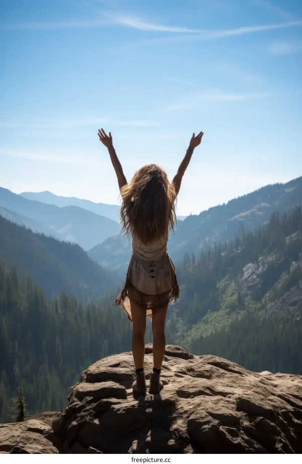 girl standing on a rock with her arms in the air