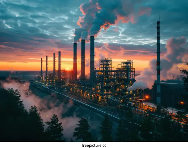 Industrial Plant With Smoking Chimneys At Sunset In Winter