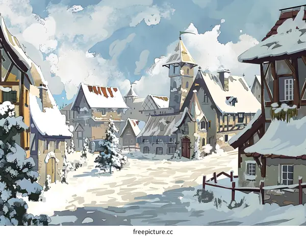 Snowy Winter Village Illustration