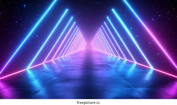 Neon Light Tunnel with Starry Night Sky