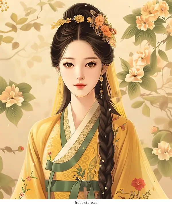 A beautiful illustration of a young woman in a traditional Korean hanbok dress with flowers in her hair