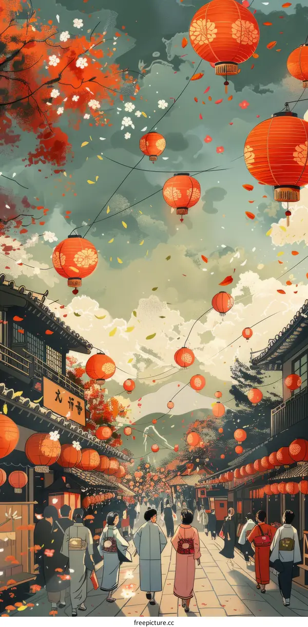 Bustling Japanese Street with Red Lanterns