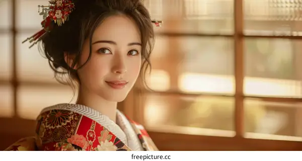 Portrait of a beautiful Japanese woman in traditional kimono