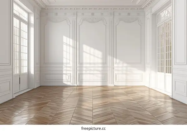 Bright empty room with white walls and hardwood floor