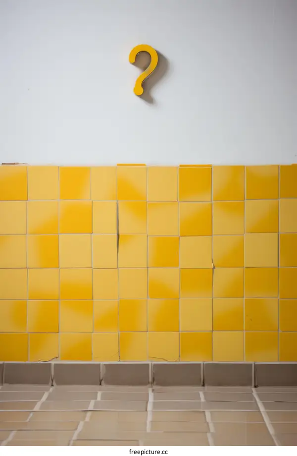 yellow question mark on yellow tiled wall