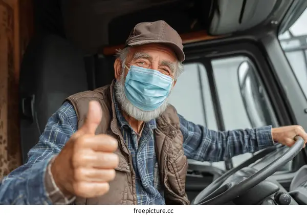 Smiling Truck Driver Giving a Thumbs Up During Pandemic