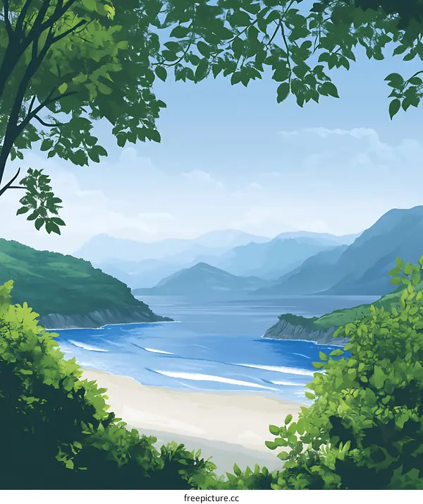 Mountain Landscape with Blue Ocean Bay and White Sand Beach