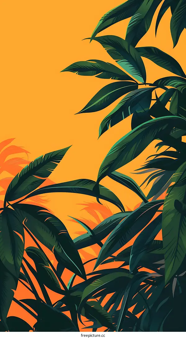 Tropical Leaves on Orange Background