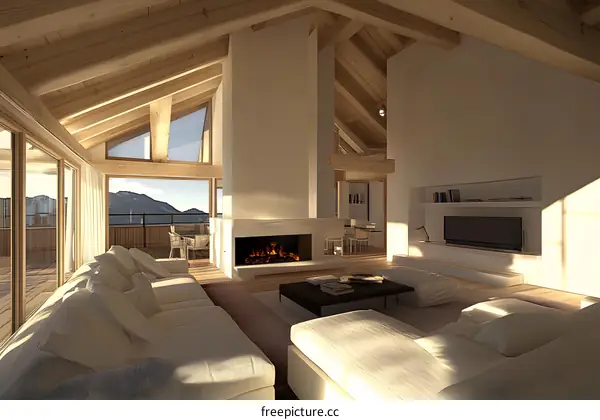 Modern Living Room Interior Design with Fireplace and Mountain View