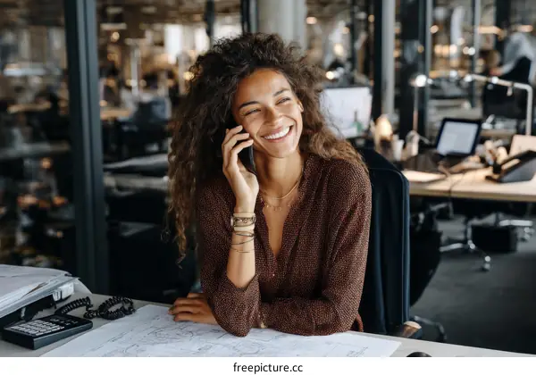 Smiling Business Woman on Phone in Modern Office
