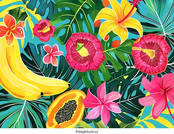 Tropical Leaves and Flowers Pattern Illustration