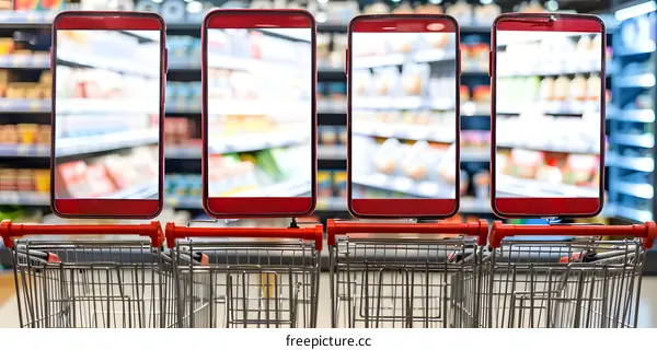 Four Shopping Carts With Smartphones in a Supermarket Aisle